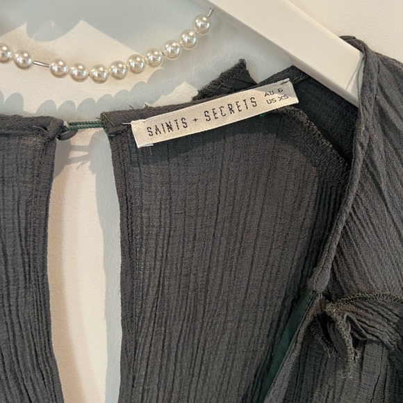 Gray Blue Long Sleeve Ruffle Romper Tie Waist Boho XS - Picture 2 of 3